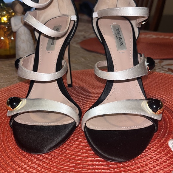 Giorgio Armani Satin Multi Strap Stiletto Black and White Zip Closure Heels 6.5 - Picture 9 of 13